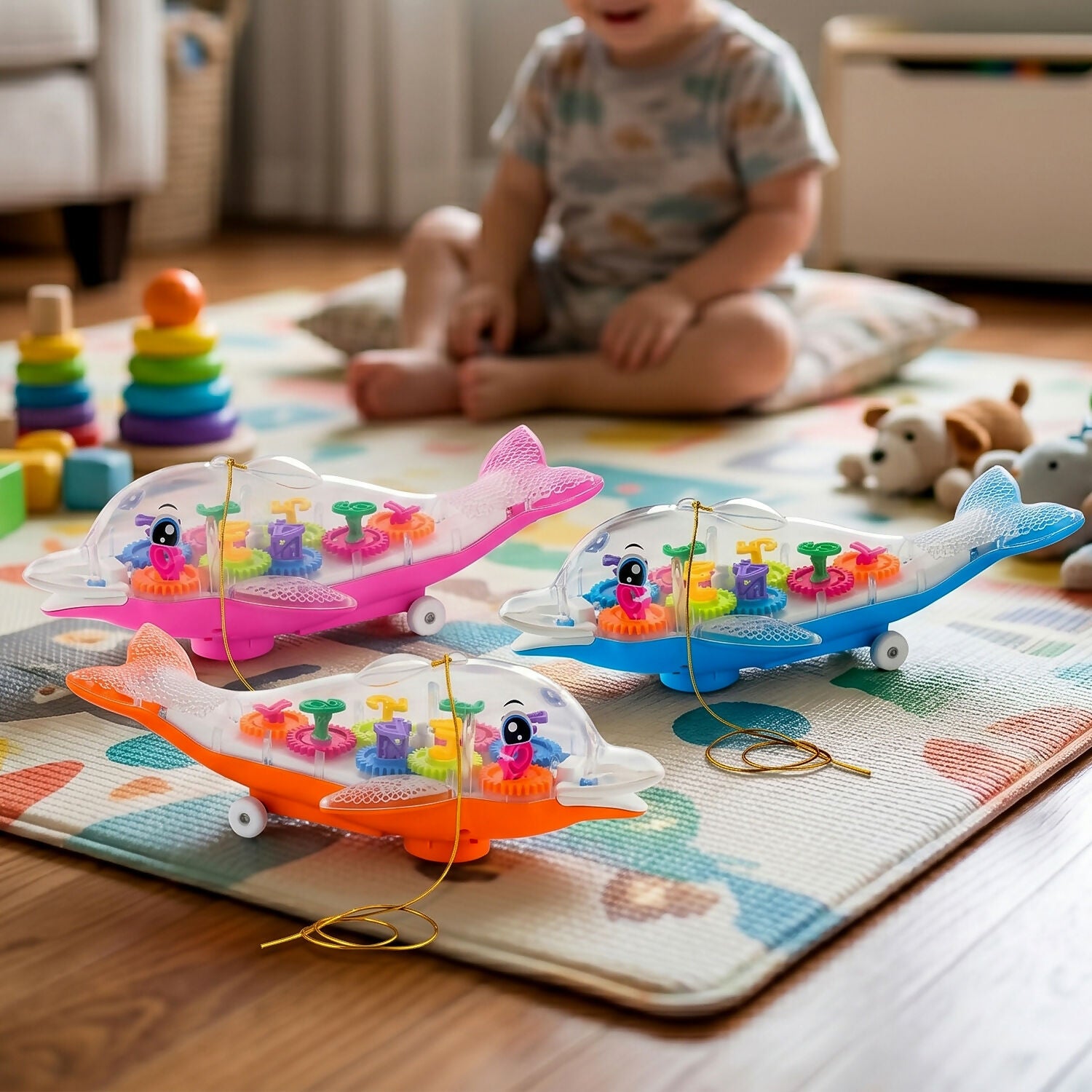 Colorful Musical Light-Up Dolphin Toy with Rotating Gears and Pull String for Kids (Colour May Very)