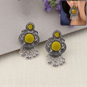 Mustard Yellow Stone Oxidized Silver Earrings | Antique Floral Statement Drops