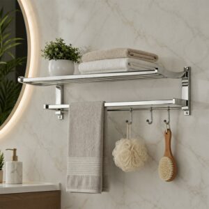 Wall Mounted Bathroom Towel Rack with Shelf and Hooks – Space Saving Organizer