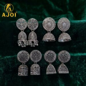 Traditional Oxidized Silver Jhumka Earrings Set of 4