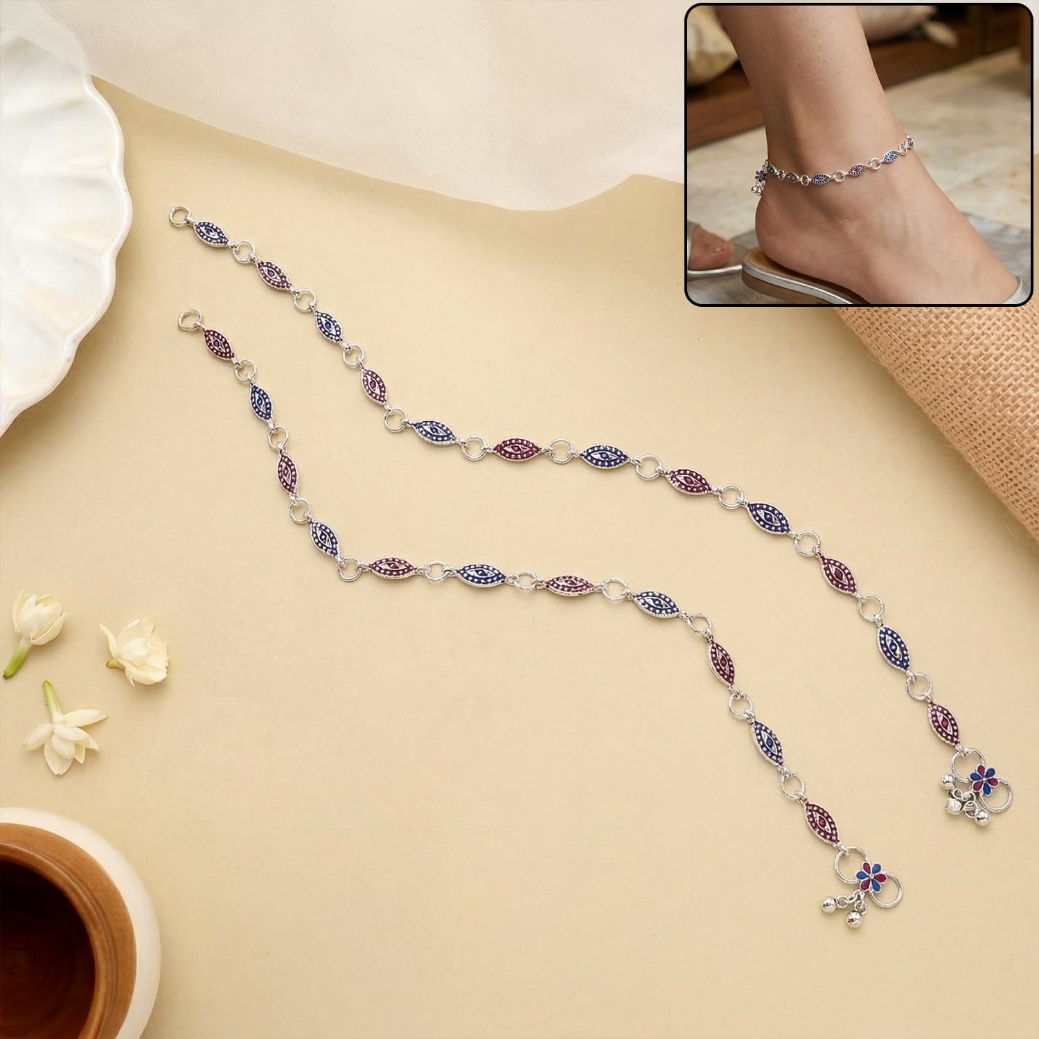 Elegant Dual Tone Leaf Link Payal Anklet with Floral Charm Stylish Design