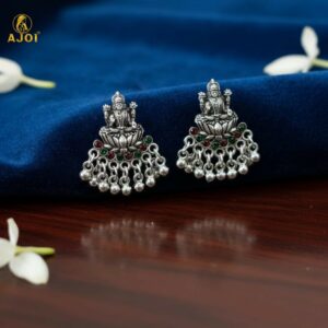 Oxidized Silver Lakshmi Idol Stud Earrings with Multicolor Stones & Dangling Beads
