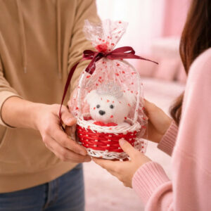 Red Cute Teddy Gift Basket with Crown Decorative Showpiece