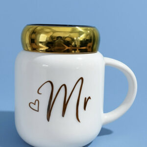 Elegant White Ceramic “Mr” Mug with Detachable Golden Lid
