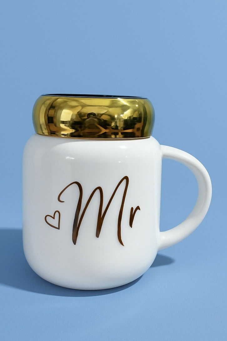 Elegant White Ceramic “Mr” Mug with Detachable Golden Lid