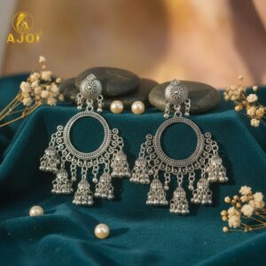Premium Oxidised Silver Boho Chandbali Jhumka Earrings