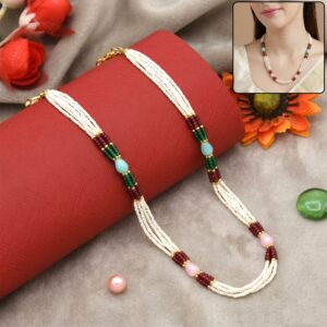 Elegant Multi-Layer Pearl Beaded Necklace with Red, Green & Pastel Stone Accents