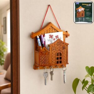 Decorative Wall-Mounted Wooden Style Key Holder with Storage Shelf & Hooks for Home Entrance