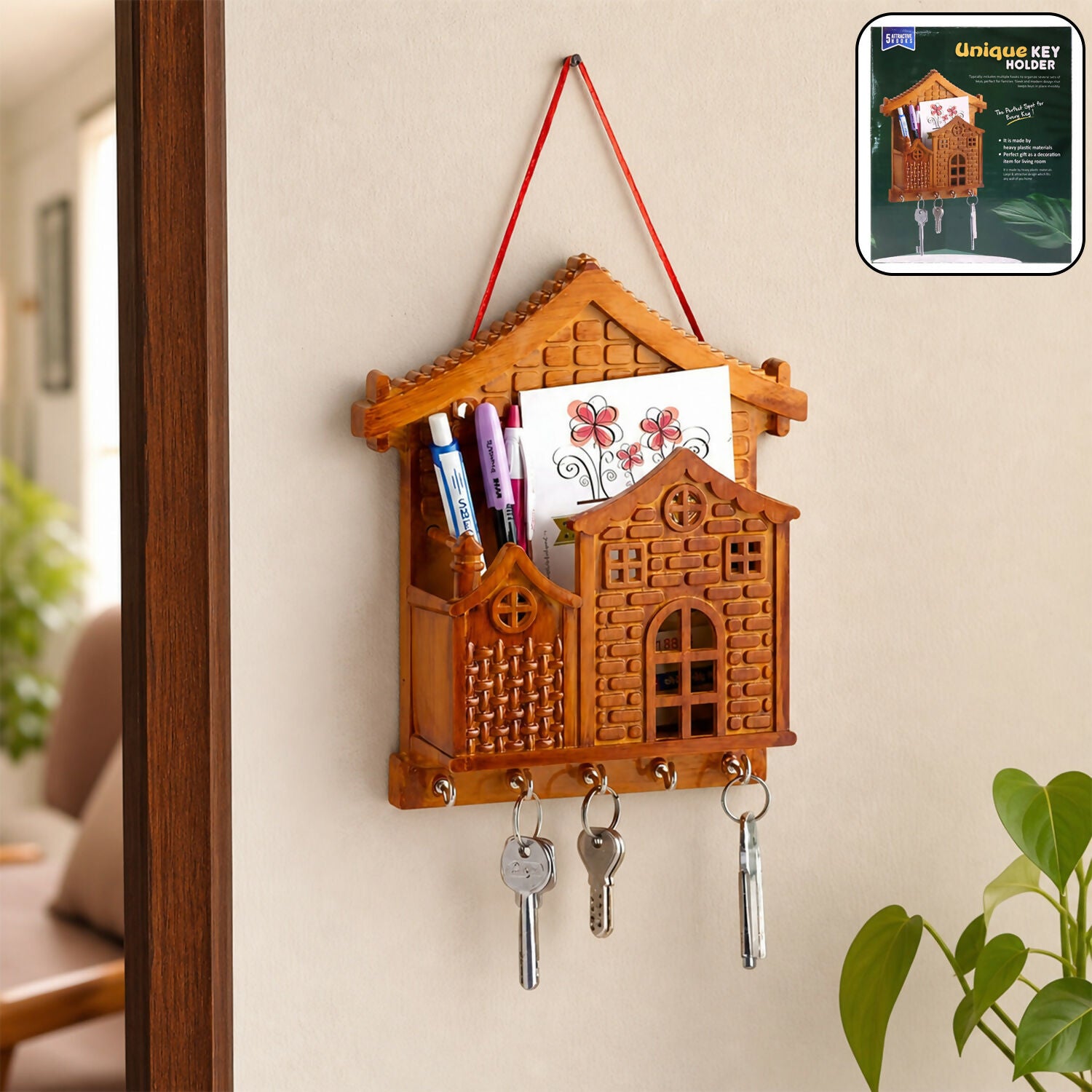 Decorative Wall-Mounted Wooden Style Key Holder with Storage Shelf & Hooks for Home Entrance