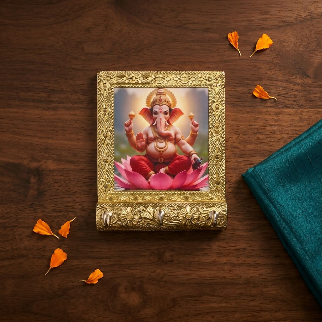 Decorative Lord Ganesha Key Holder Wall Hanging with Photo Frame & Hooks