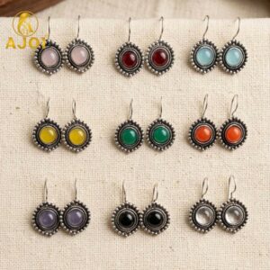 Oxidized Round Stone Earrings Set of 9