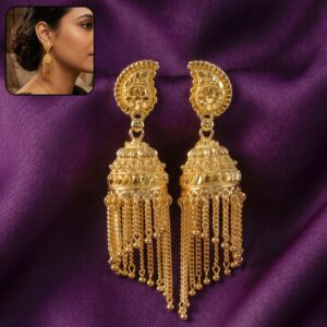Exquisite Gold-Plated Jhumka Earrings with Chain Detailing and Pearl Drops for Celebrations