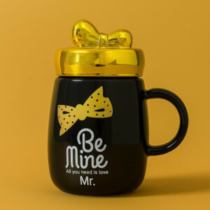 "Be Mine Mr. Black Ceramic Coffee Mug with Golden Lid and Bow Tie