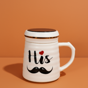 Stylish White Ceramic "His" Coffee Mug with Mustache Print and Lid