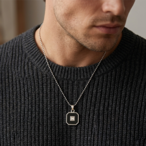 Elegant Silver Plated Black Square Pendant Necklace Stylish Chain Jewelry