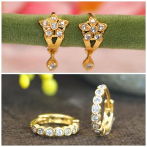Gold Plated Flower AD Drop Huggie Earrings kan ki bali for women and girls combo pack of 2