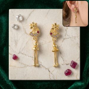 Traditional Gold-Plated Casting Chain Drop Earrings with Ruby and CZ Accents