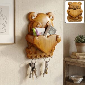 Cute Panda Shape Wooden Finish Wall Mounted Key Holder with Storage Pocket