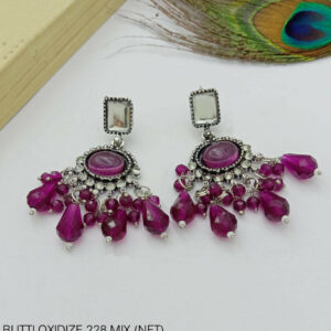 Oxidized Silver Chandbali Earrings with Magenta German Earings