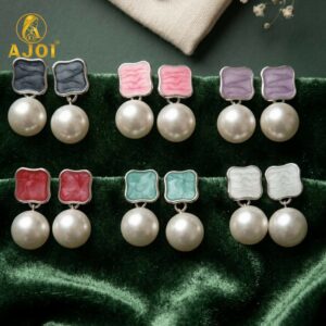 Chic Pearl Drop Earrings with Colorful Enamel Studs Set of 6