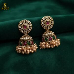Royal Pearl Drop Antique Gold Jhumka Earrings with Green & Pink Stone Work