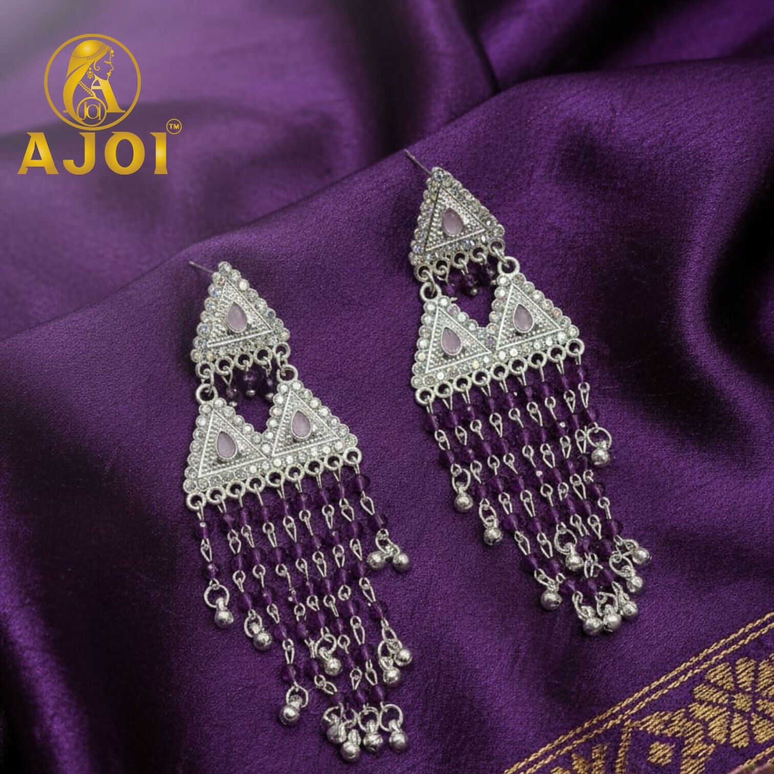 Royal Amethyst Drop Silver Designer Statement Earrings with Elegant Tassel Finish