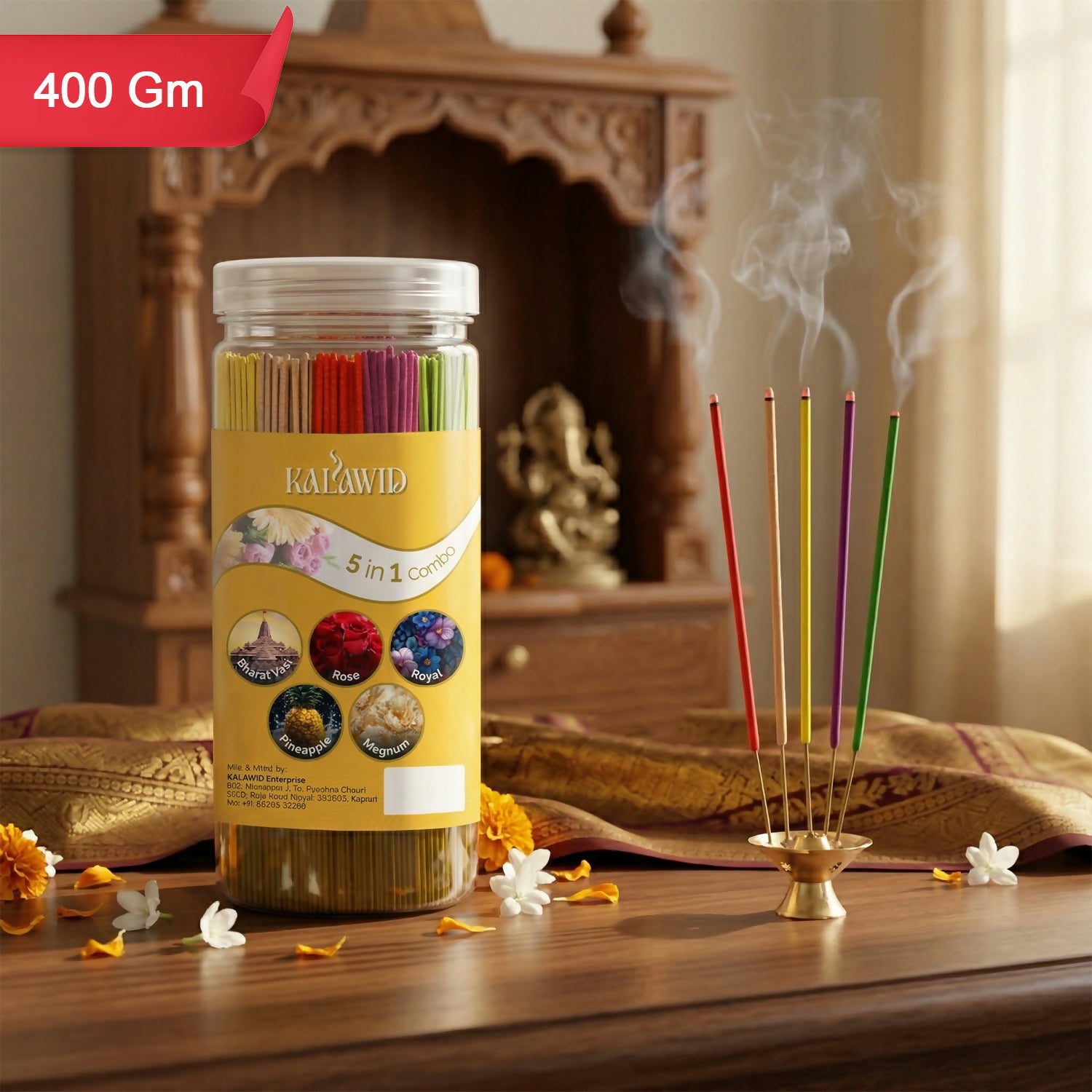 Premium Agarbatti 5 In 1 Combo with Bharatvasi, Rose, Royal, Pineapple, Megnum Fragrances for Long Lasting Aroma (400 Gm)