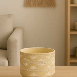 Handcrafted Beige Ceramic Planter Pot with White Tribal Pattern Boho Style Flower Pot