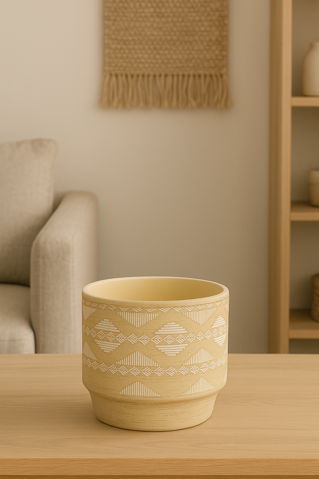 Handcrafted Beige Ceramic Planter Pot with White Tribal Pattern Boho Style Flower Pot
