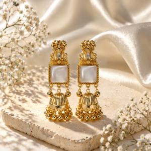 Premium Gold-Plated Traditional Pearl & Stone Jhumka Kashmiri Earrings