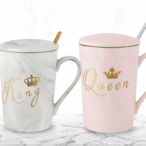 King & Queen Coffee Mug Set with Lids & Spoons | Marble Ceramic Cups for Couples | Luxury Gold Crown Print Tea & Coffee Mug Gift Set for Anniversary, Wedding, Valentine’s Day, Husband & Wife