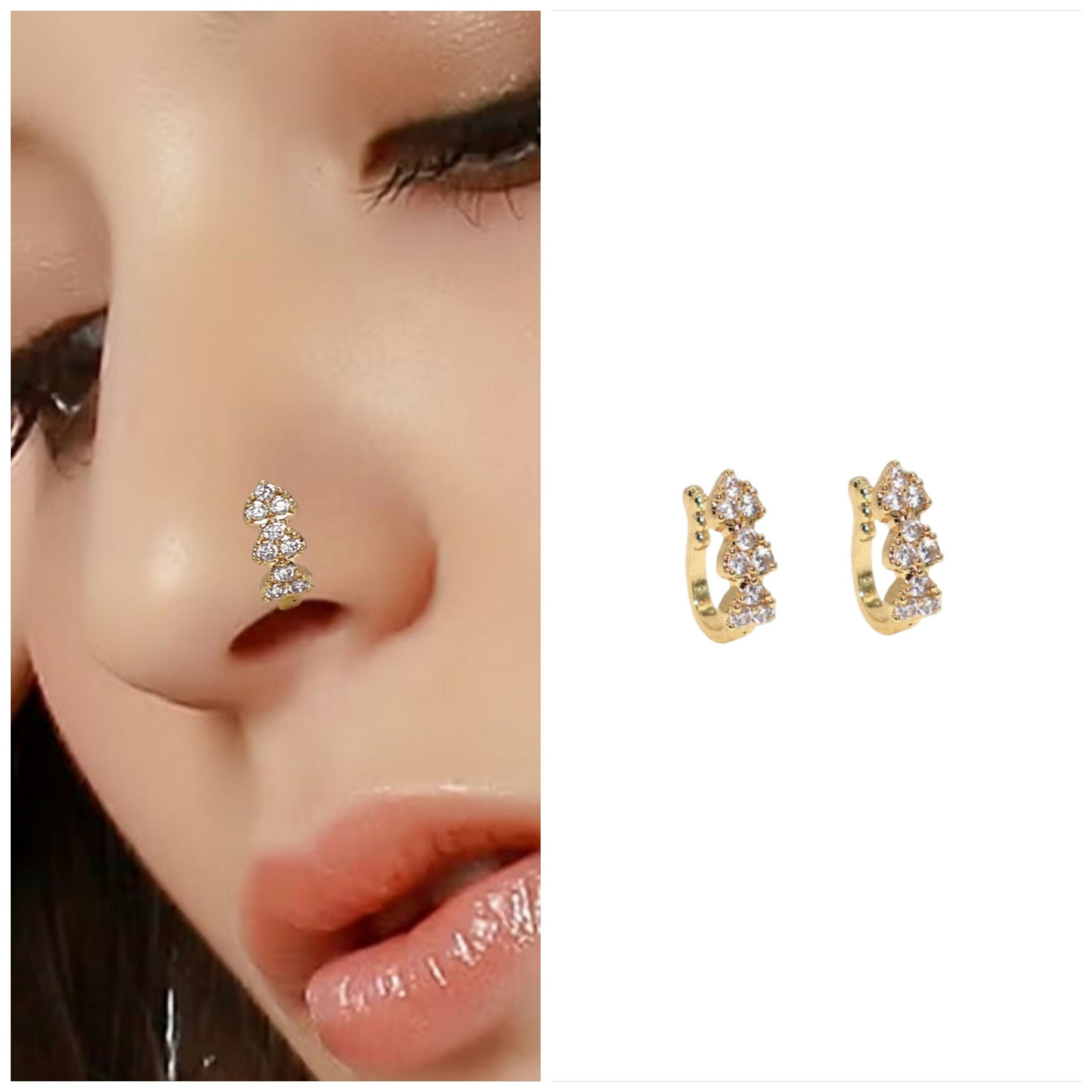 Clip On Nath Nose Pin Combo Floral Heart Stone Fake Piercing Combo Pack of 2