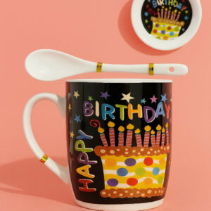 Happy Birthday Ceramic Mug Gift Set – Set of 2 Printed Coffee Mugs with Spoons