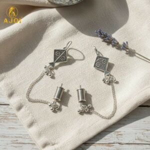 Ethnic Oxidised Silver Kite Design Earrings with Chain & Ghungroo for Women and Girls