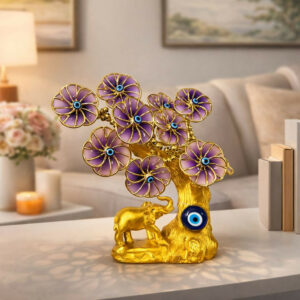 Golden Decorative Tree Showpiece with Elephant Figurine for Home Décor (Color May Vary)