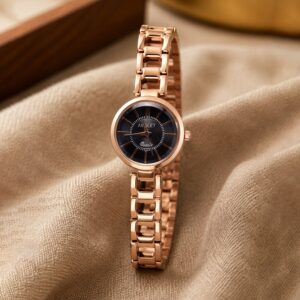 Rose Gold Bracelet Watch with Black Round Dial for Women Premium Wrist Watch