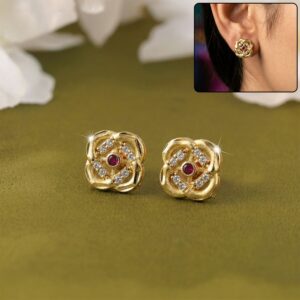 Vintage Style Floral Gold Stud Earrings with Detailed Pattern