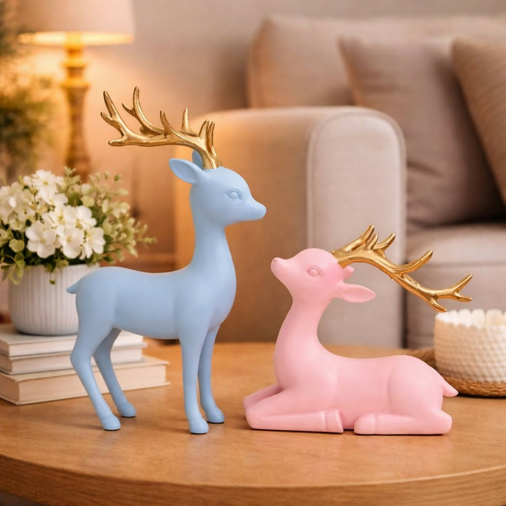 Pastel Deer Showpiece Set with Golden Antlers for Home Decor