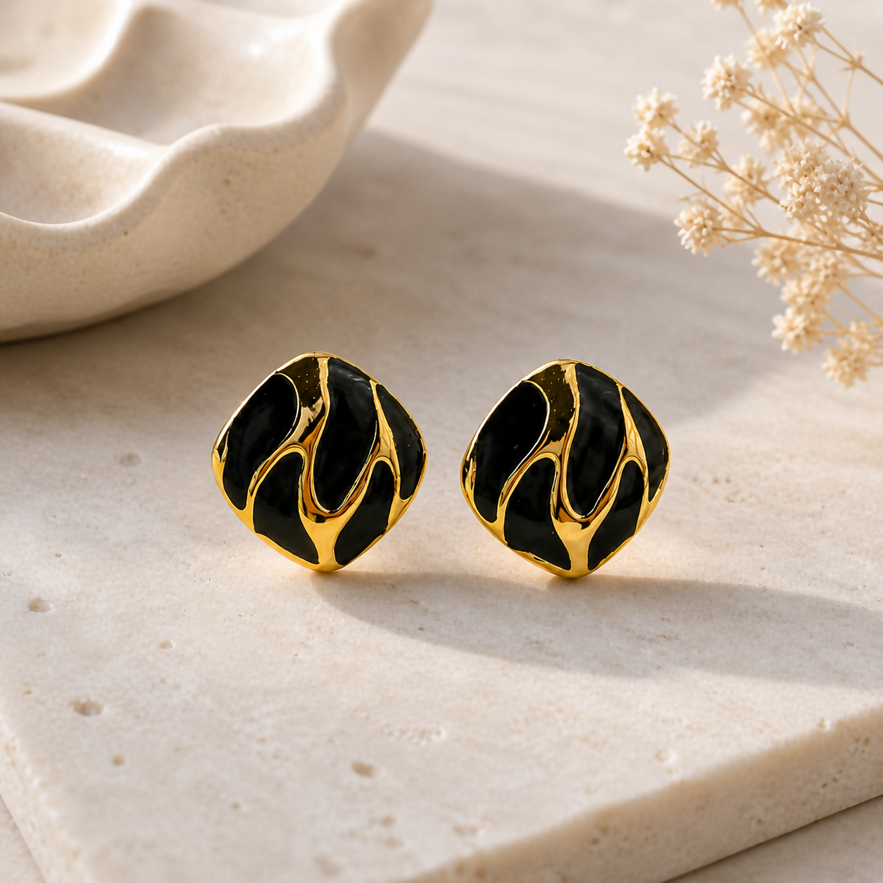 Black & Gold Abstract Enamel Stud Earrings for Women Trendy Daily Wear