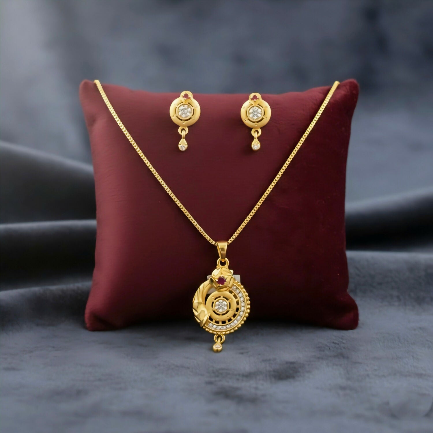 Gold-Plated Circular Pendant Necklace with Matching Drop Earrings set