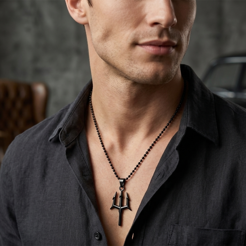 Spiritual Trishul Pendant Necklace for Men Black Finish Religious Chain