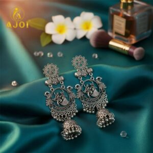 Oxidised Silver Radha Krishna Engraved Jhumka Earrings | Traditional Temple Art Jewellery with Antique Detailing & Ghungroo Drops.