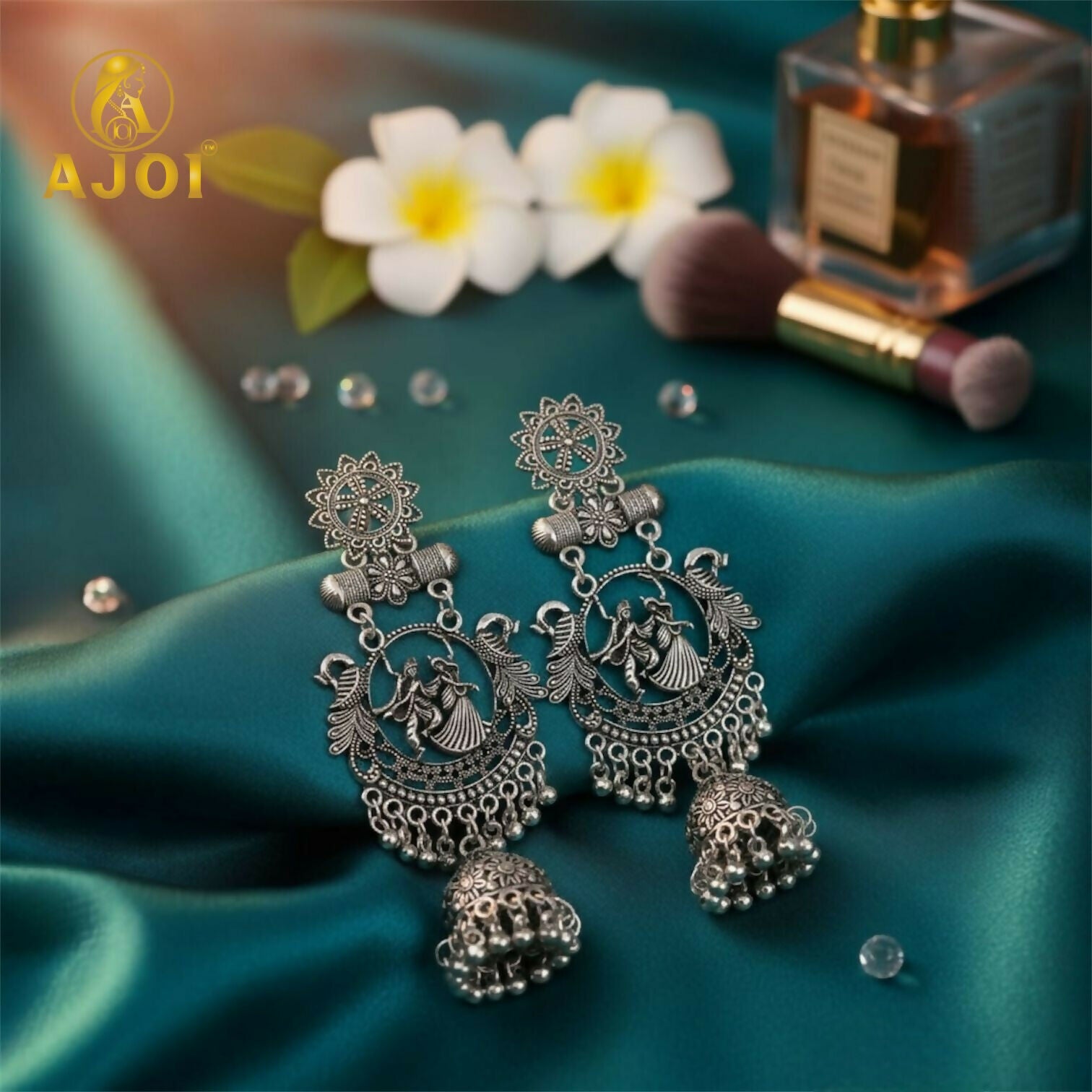 Oxidised Silver Radha Krishna Engraved Jhumka Earrings | Traditional Temple Art Jewellery with Antique Detailing & Ghungroo Drops.