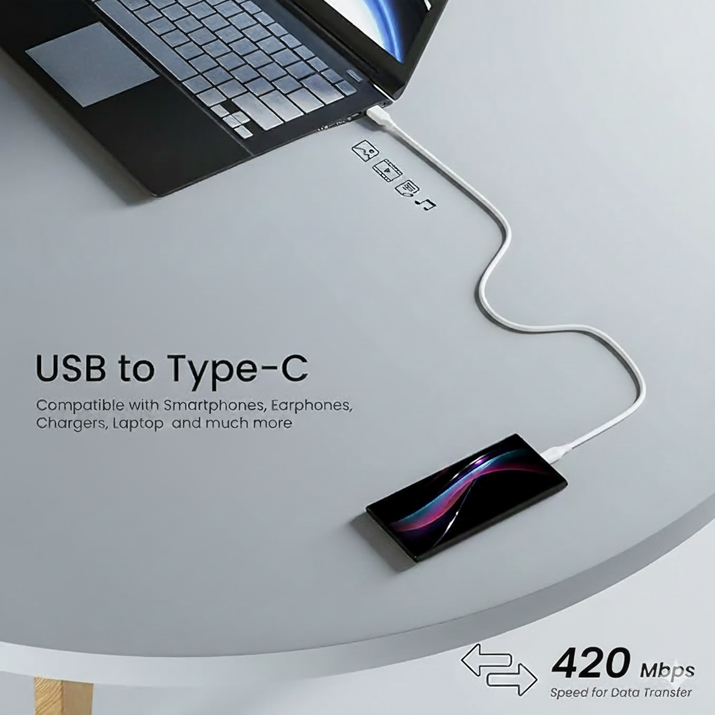 Uniteq FastLink C USB A to Type C Cable 3A Fast Charging Data Cable 1M (White)