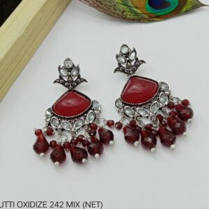 Dark Red Geometric Stone Earrings in German Silver with Crystal Accents