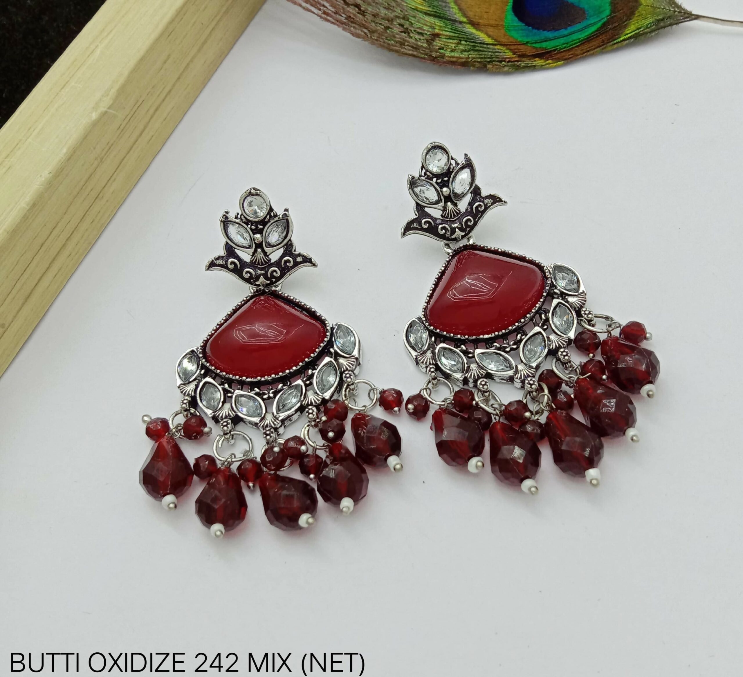 Dark Red Geometric Stone Earrings in German Silver with Crystal Accents