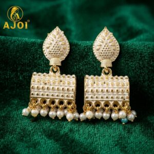 Elegant Gold Plated Pearl Drop Ethnic Earrings with White Design