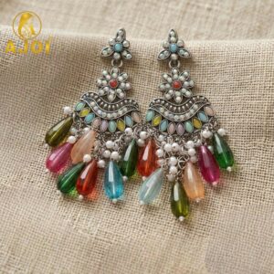 Oxidized Floral Earrings with Multicolor Drop Beads & Pearl Tassels