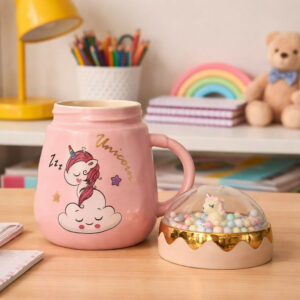 Unicorn Printed Ceramic Mug with Lid, Cute Kids Coffee Cup