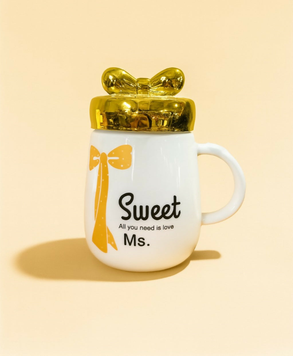Sweet Ms. Ceramic Mug with Golden Bow Lid – Gift Mug for Women